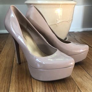 Taupe Jessica Simpson patent faux leather heels